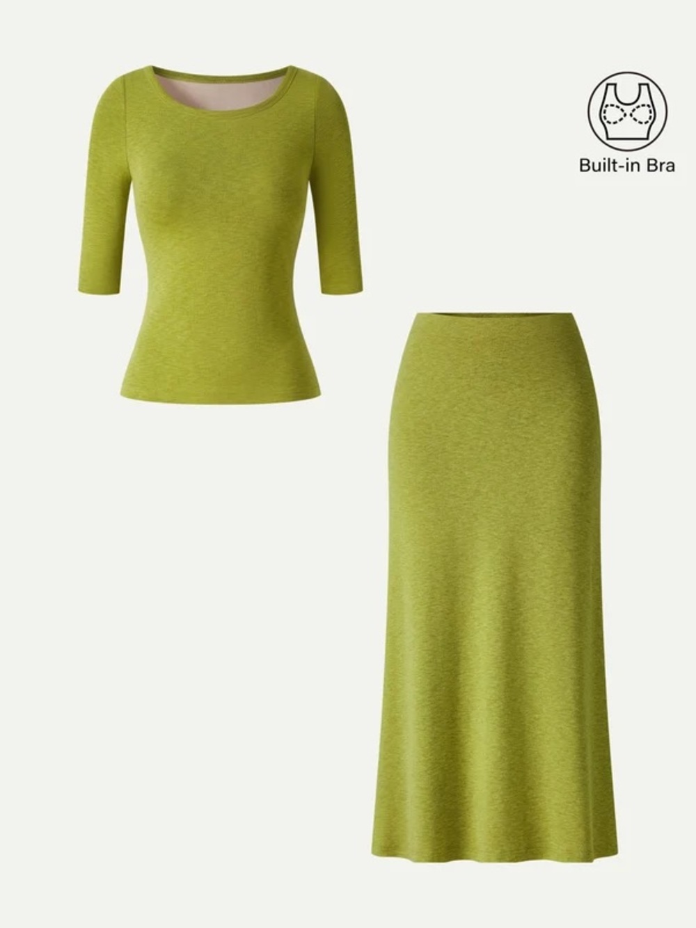 OGL 2Pcs Set Round Neck Elbow Sleeve Bra Top & Side-Slit A-Line Midi Skirt - Picture 2 of 2